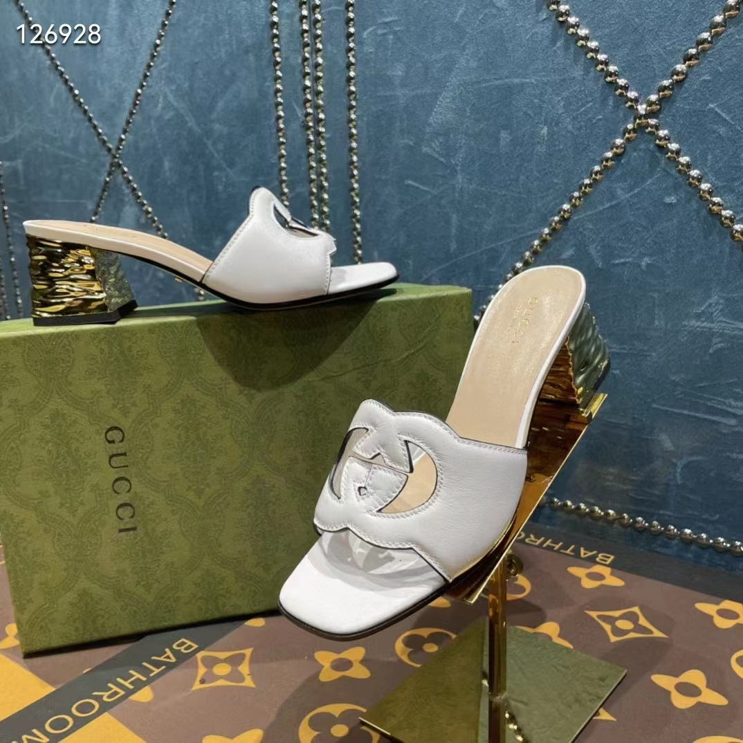 G*u*i women interlocking g cut-out sandal white leather mid-heel 5 cm heel