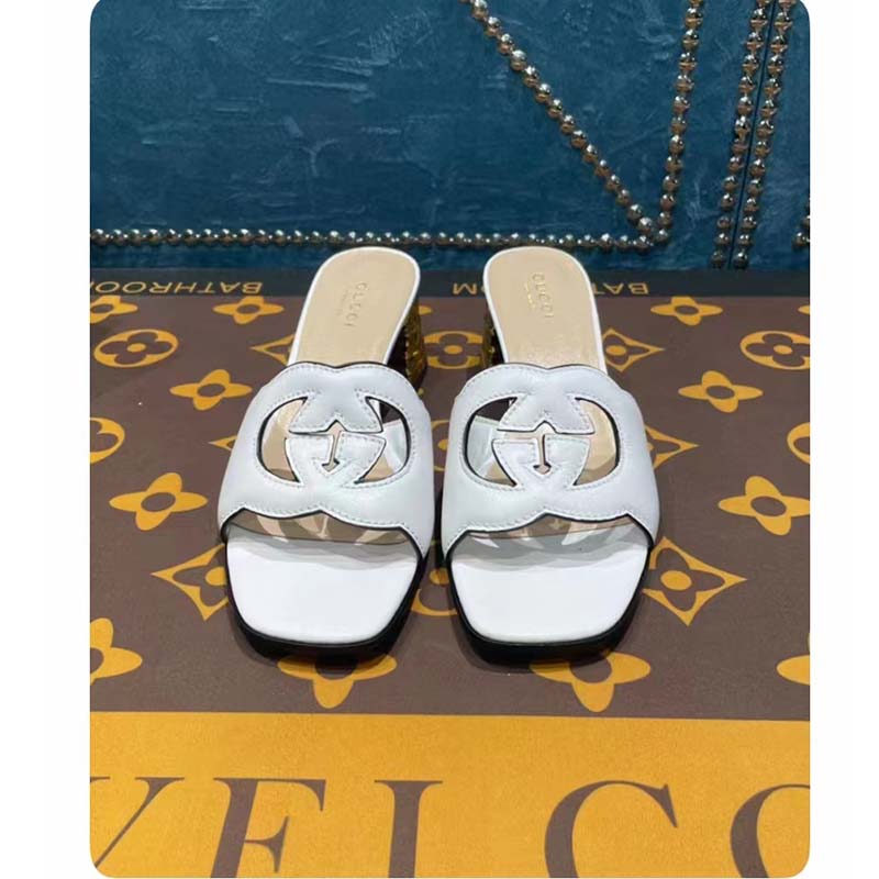 G*u*i women interlocking g cut-out sandal white leather mid-heel 5 cm heel