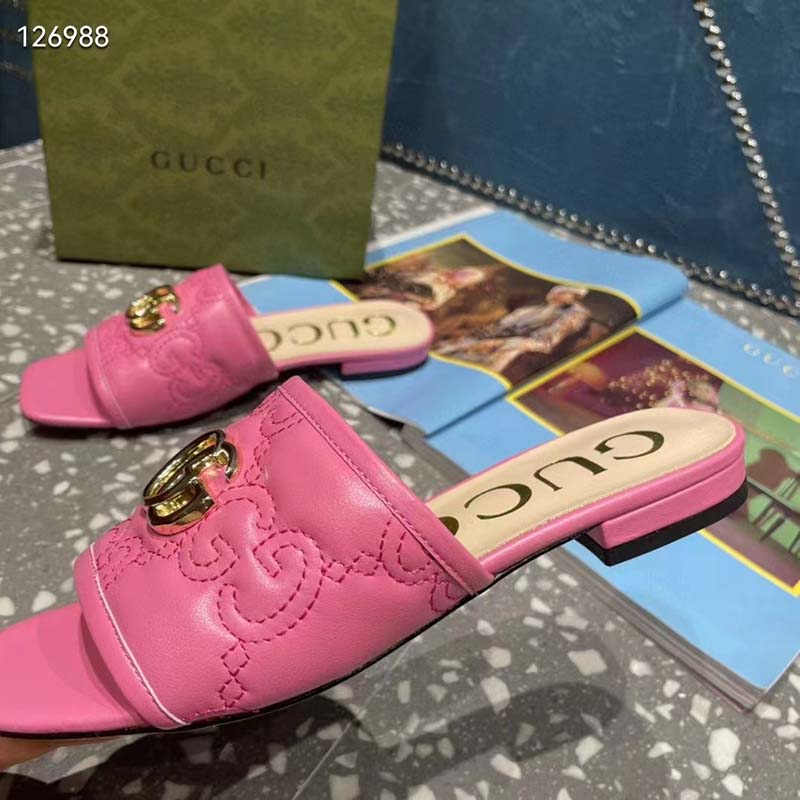 G*u*i women matelassé slide sandal pink gg matelassé leather square toe flat