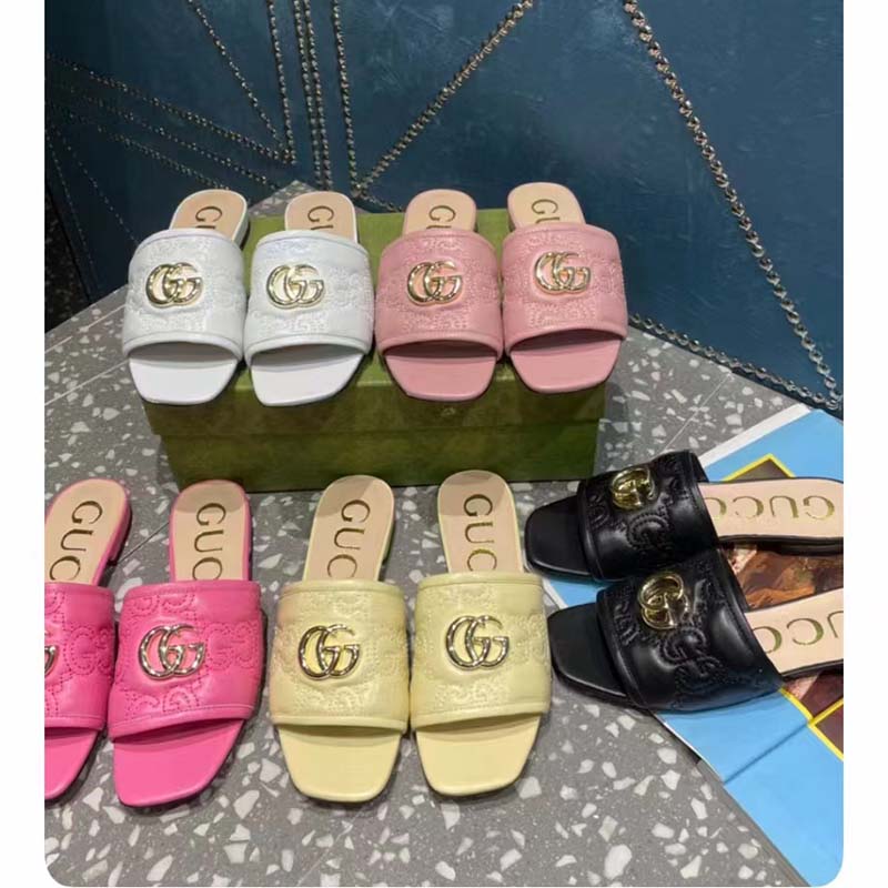 G*u*i women matelassé slide sandal beige gg matelassé leather square toe flat