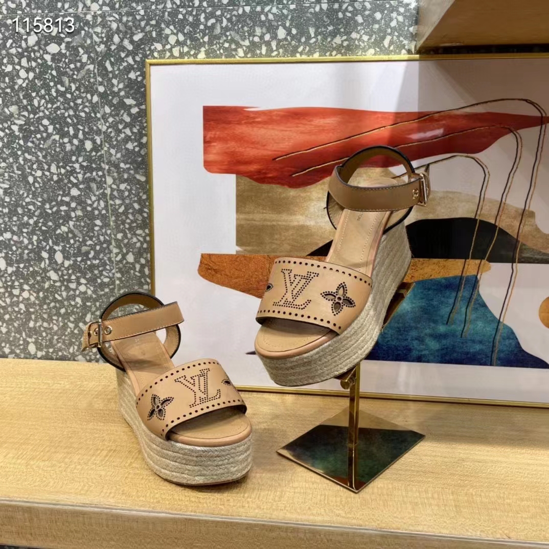 Louis Vuitton LV Women Starboard Wedge Sandal Perforated Calf Leather Rope Rubber