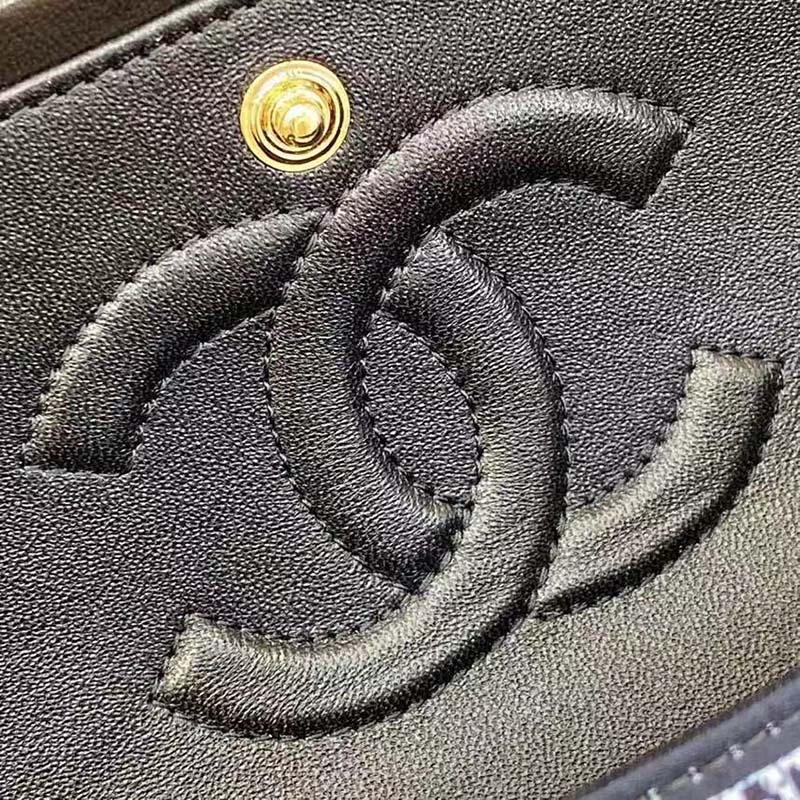 Chanel Women CC Classic Handbag Cotton Gold-Tone Metal Black Multicolor