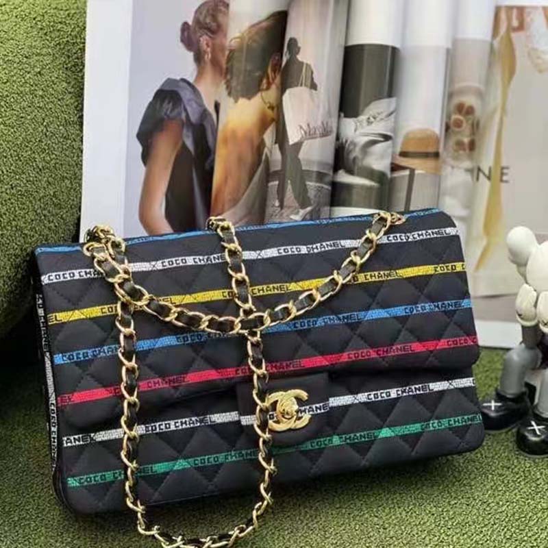 Chanel Women CC Classic Handbag Cotton Gold-Tone Metal Black Multicolor