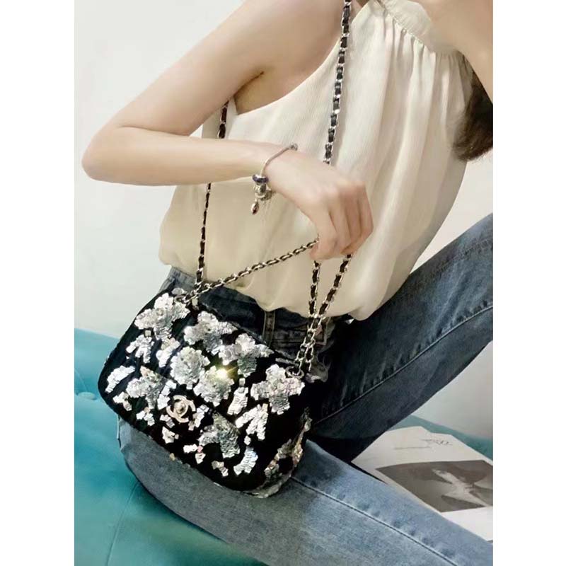Chanel Women CC Classic Handbag Embroidered Velvet Sequins Silver-Tone Metal Black Silver