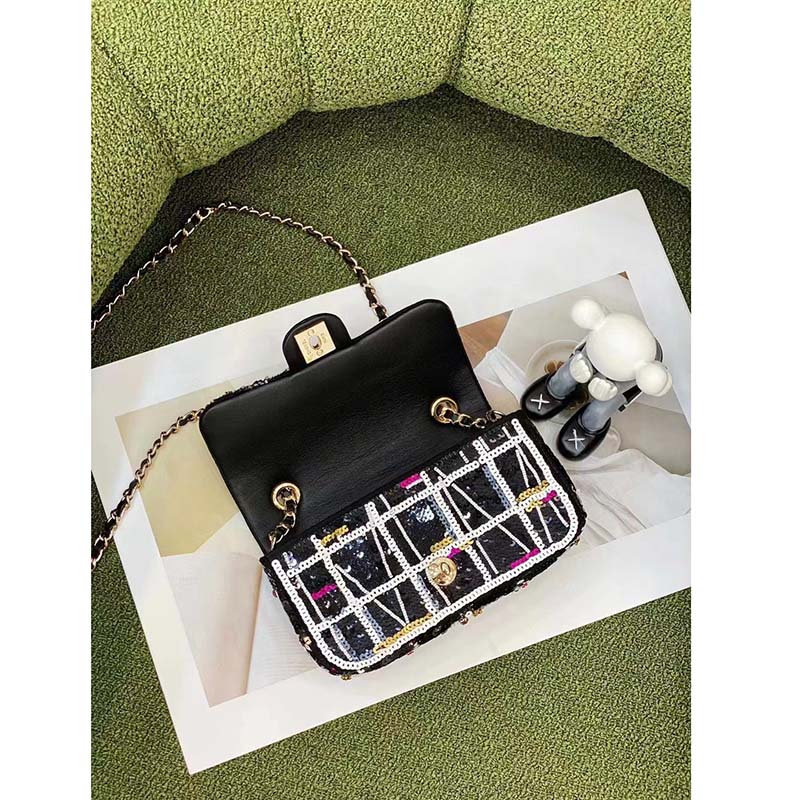 Chanel Women CC Only 1 Bag Set Of 4 Minis Bags Black Lambskin Sequins Glass Pearls