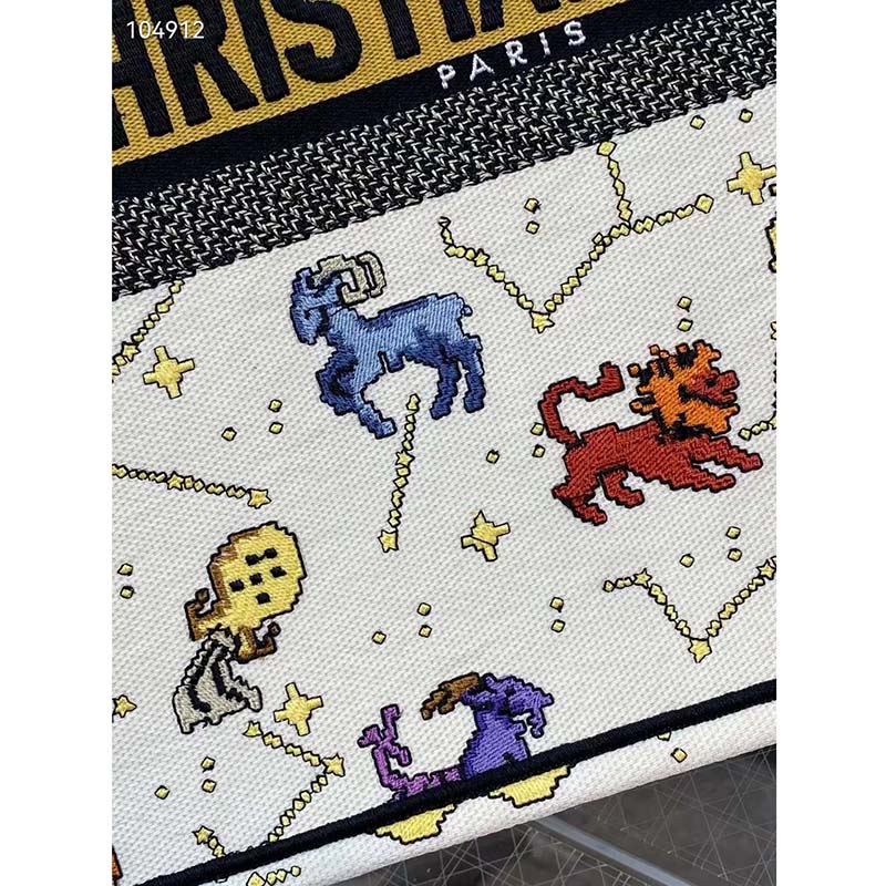 Dior Unisex CD Large Book Tote Latte Multicolor Dior Pixel Zodiac Embroidery