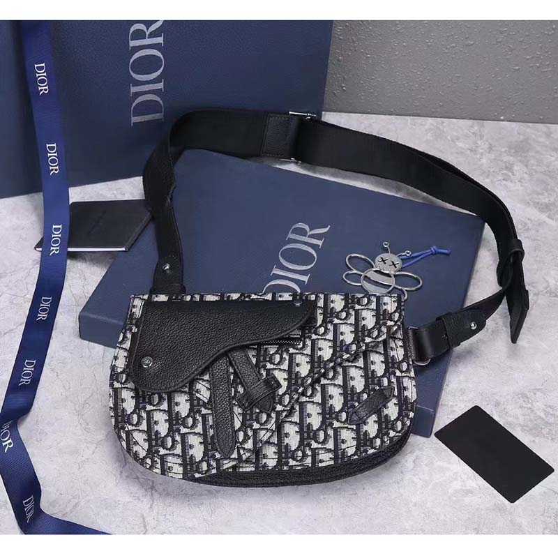 Dior Unisex CD Saddle Pouch Beige Black Dior Oblique Jacquard