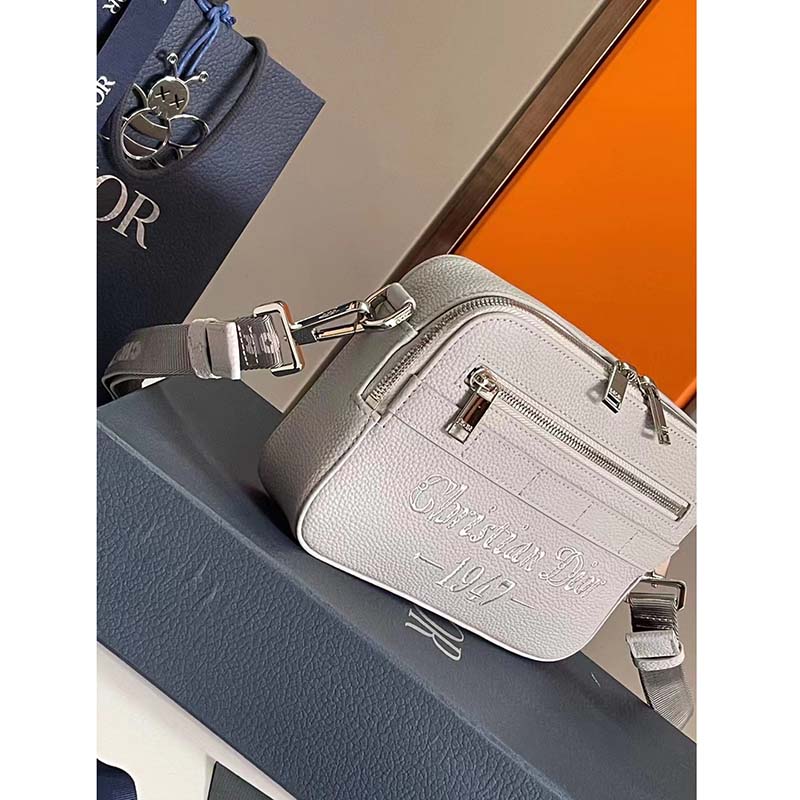 Dior Unisex CD Safari Messenger Bag Gray Grained Calfskin ‘Christian Dior 1947’ Signature