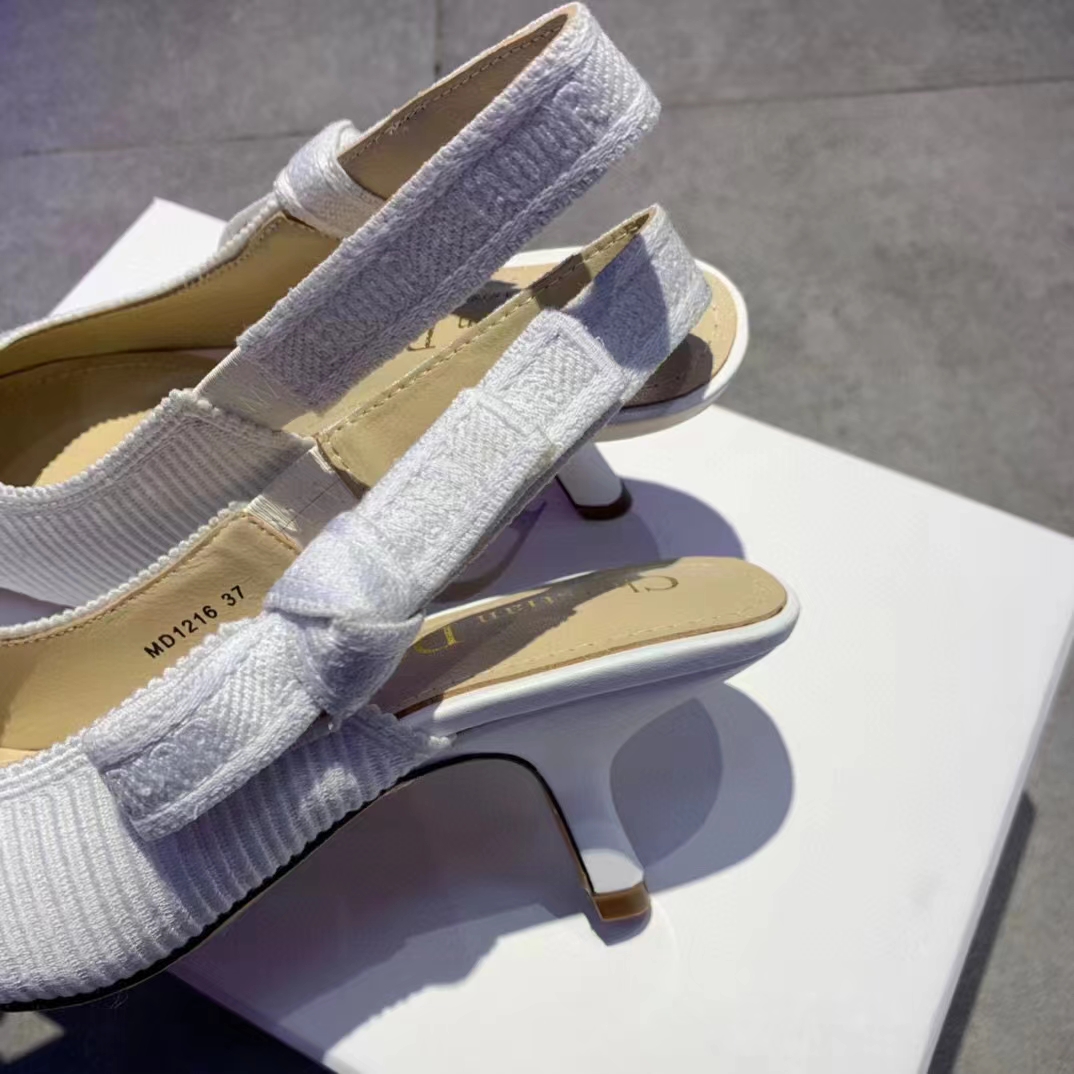 Dior Women CD J’Adior Slingback Pump White Cotton Embroidery Flat Bow