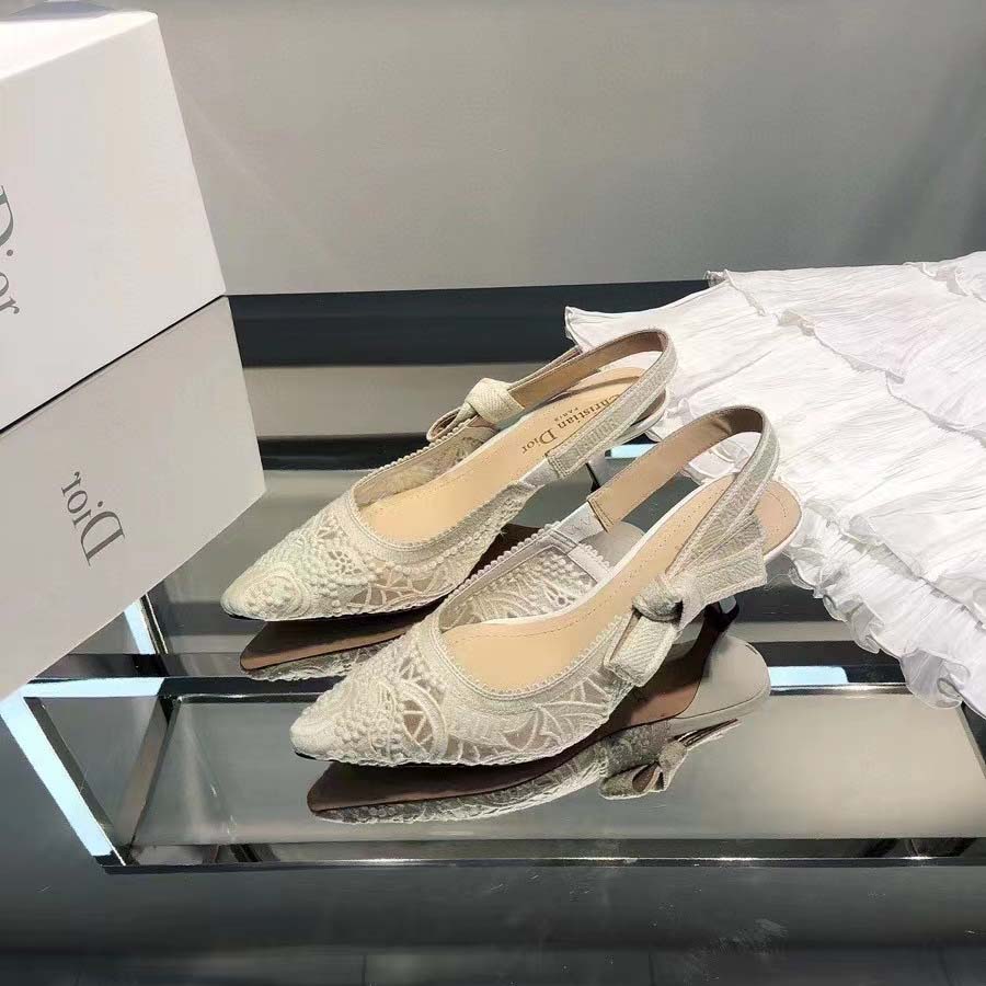 Dior Women CD J’Adior Slingback Pump White Macramé Embroidered Cotton 6.5 Cm Heel