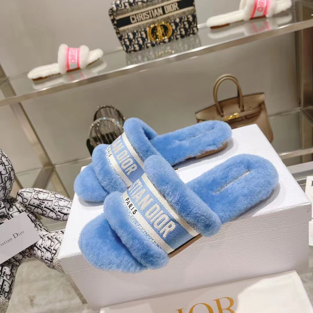 Dior Women CD Shoes Chez Moi Slide Bright Blue Embroidered Cotton Shearling