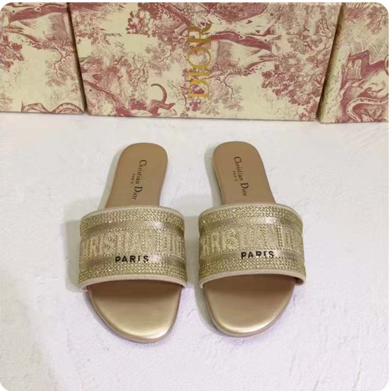 Dior Women CD Shoes Dway Slide Gold Tone Cotton Embroidered Metallic Thread Strass
