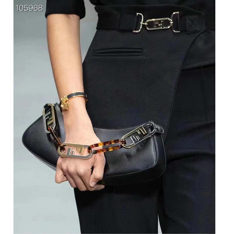 Fendi Women FF O’Lock Swing Mint Black Leather Pouch