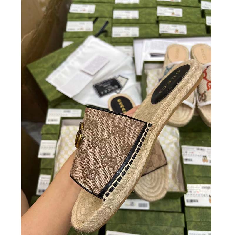 G*u*i unisex gg matelassé canvas espadrille sandal beige ebony 2 cm heel