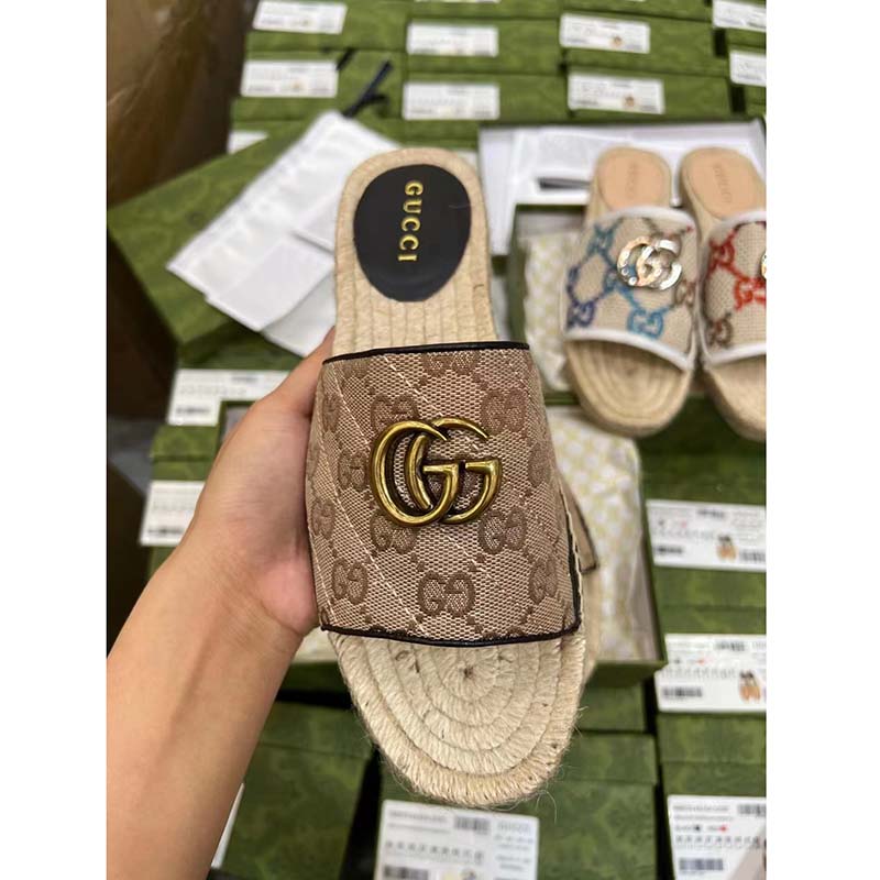 G*u*i unisex gg matelassé canvas espadrille sandal beige ebony 2 cm heel