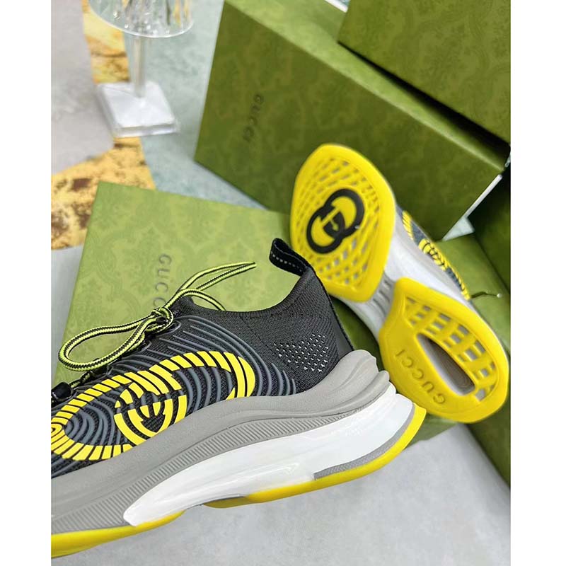 G*u*i unisex gg run sneaker black lime technical knit fabric rubber interlocking g