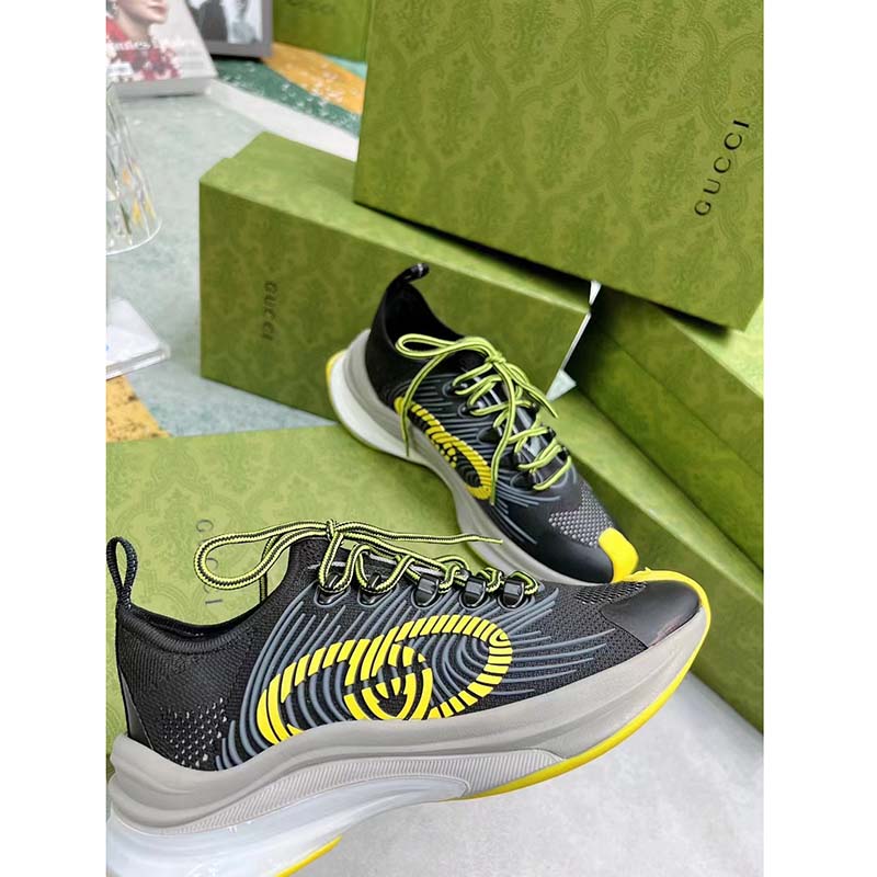 G*u*i unisex gg run sneaker black lime technical knit fabric rubber interlocking g