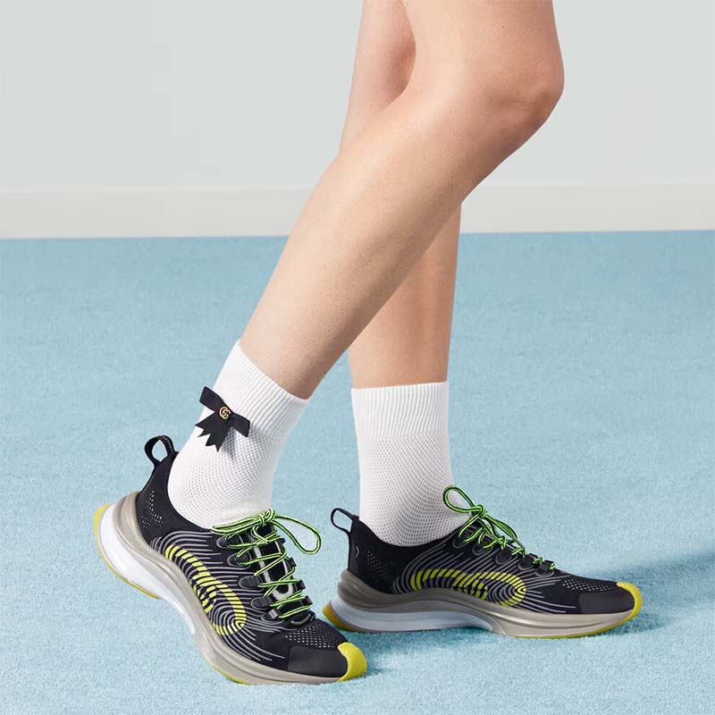 G*u*i unisex gg run sneaker black lime technical knit fabric rubber interlocking g
