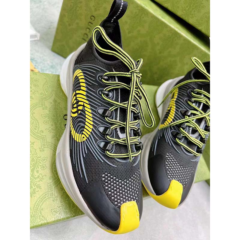G*u*i unisex gg run sneaker black lime technical knit fabric rubber interlocking g