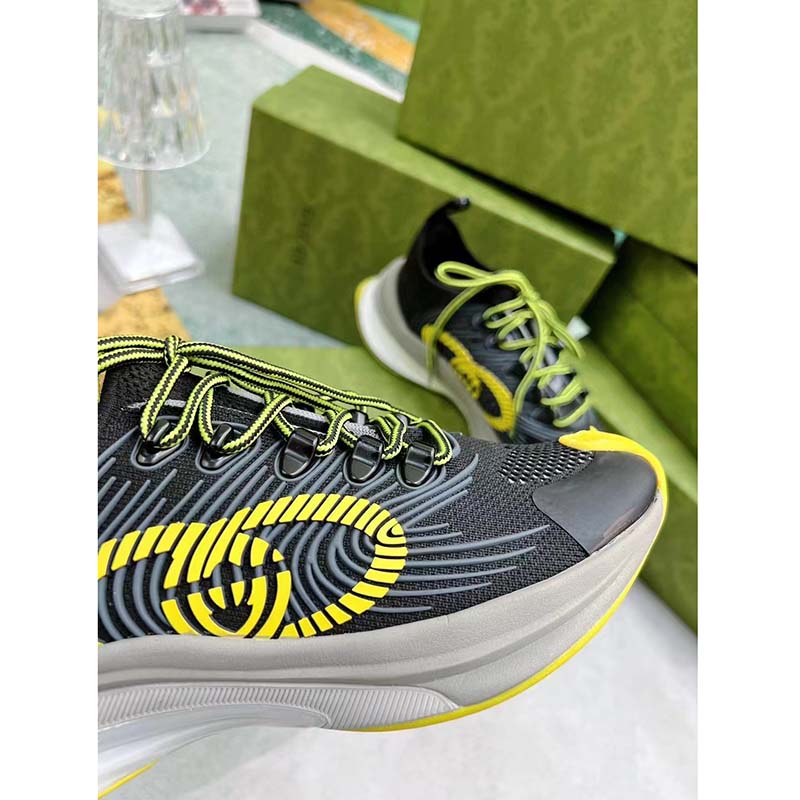 G*u*i unisex gg run sneaker black lime technical knit fabric rubber interlocking g