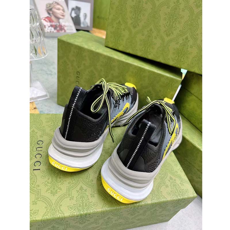 G*u*i unisex gg run sneaker black lime technical knit fabric rubber interlocking g