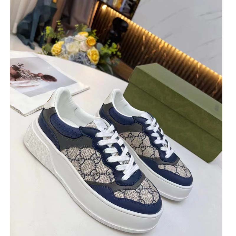 G*u*i unisex gg sneaker white beige blue supreme canvas grey perforated leather