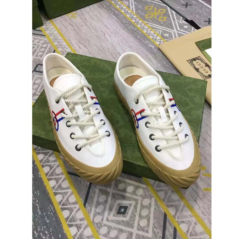 G*u*i unisex interlocking g sneaker beige cotton rubber sole lace-up closure flat