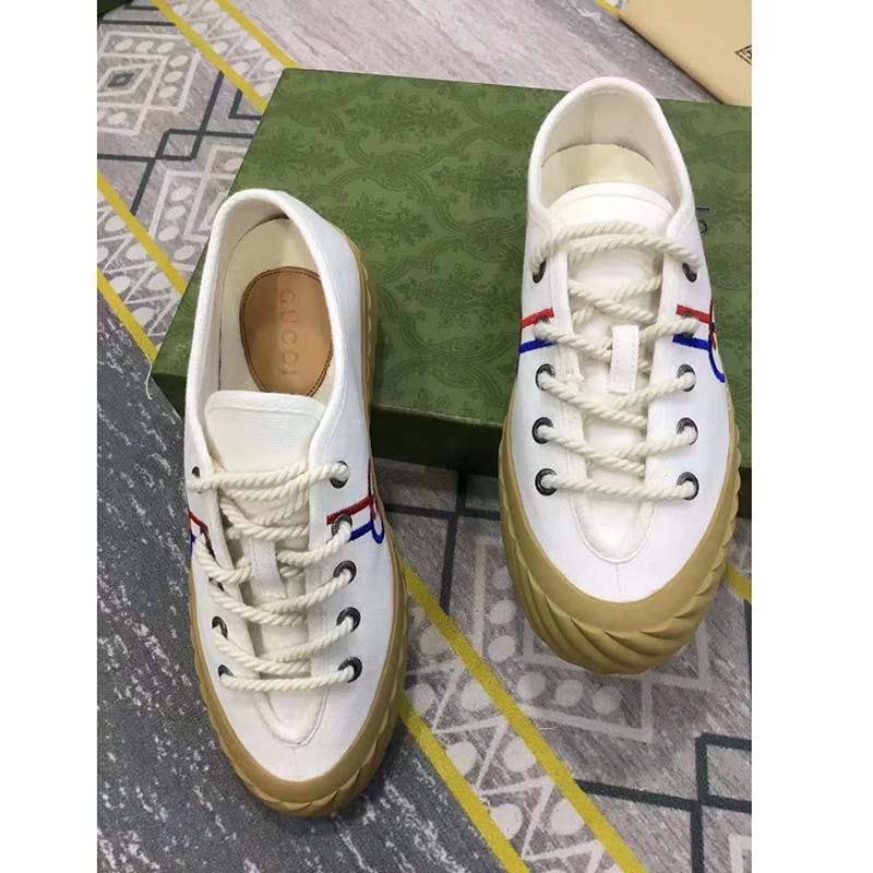 G*u*i unisex interlocking g sneaker beige cotton rubber sole lace-up closure flat