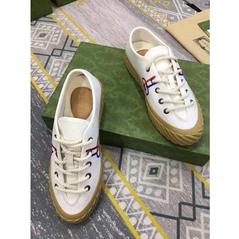 G*u*i unisex interlocking g sneaker beige cotton rubber sole lace-up closure flat