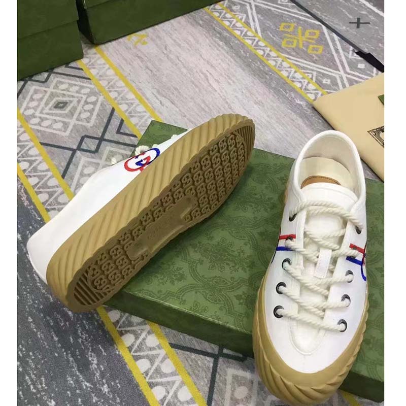 G*u*i unisex interlocking g sneaker beige cotton rubber sole lace-up closure flat