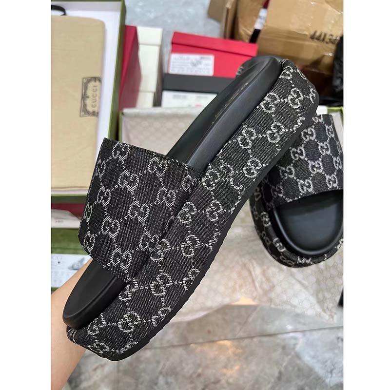 G*u*i unisex platform slide sandal black ivory gg denim mid 6 cm heel