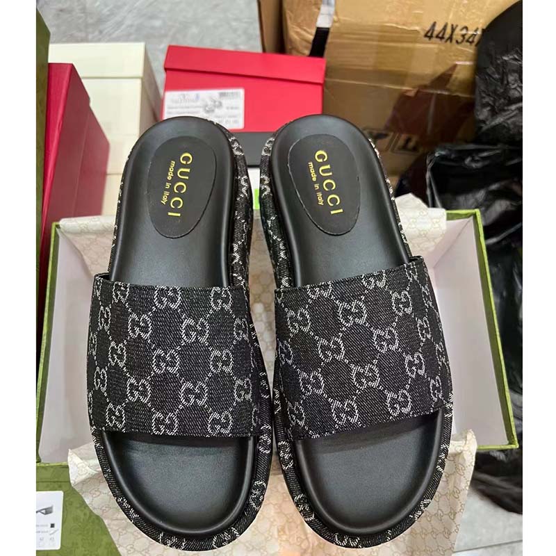 G*u*i unisex platform slide sandal black ivory gg denim mid 6 cm heel
