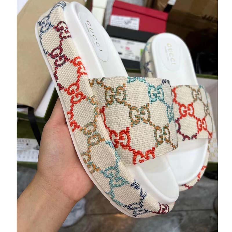 G*u*i unisex platform slide sandal multicolor gg linen fabric mid 6 cm heel