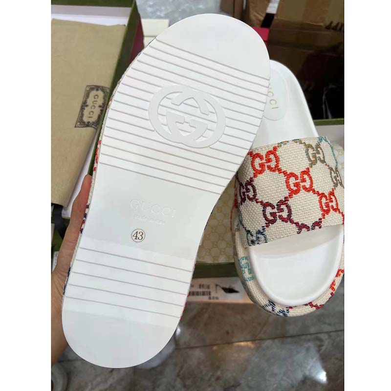 G*u*i unisex platform slide sandal multicolor gg linen fabric mid 6 cm heel
