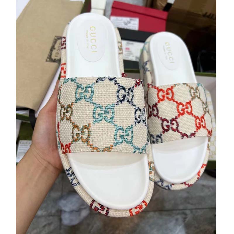 G*u*i unisex platform slide sandal multicolor gg linen fabric mid 6 cm heel