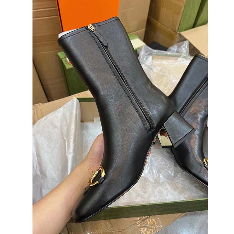 G*u*i women gg mid-heel ankle boot horsebit black leather 6 cm heel