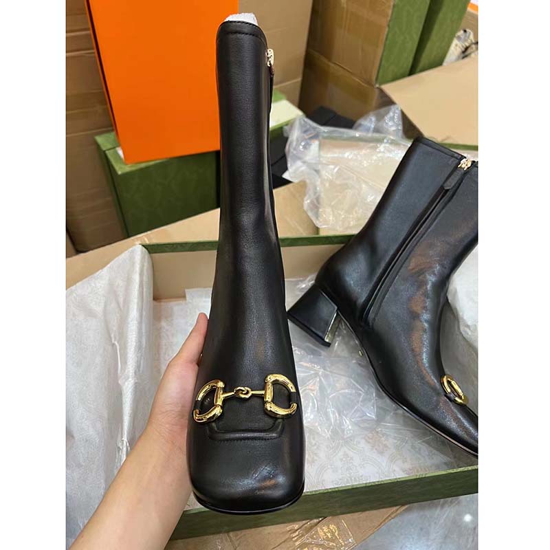 G*u*i women gg mid-heel ankle boot horsebit black leather 6 cm heel