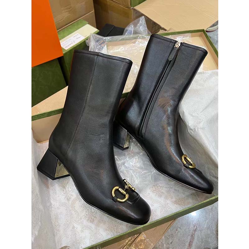 G*u*i women gg mid-heel ankle boot horsebit black leather 6 cm heel