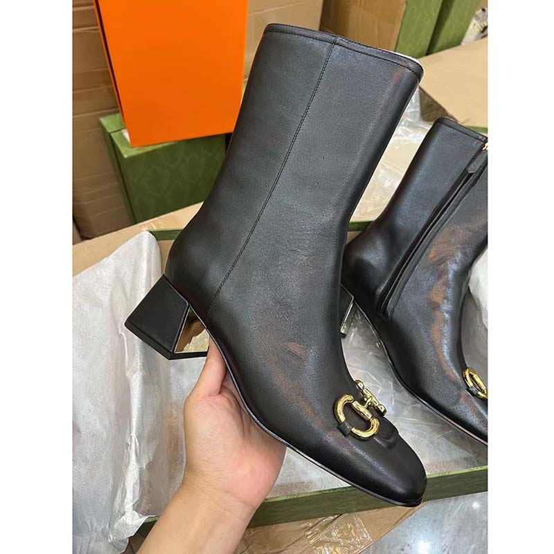 G*u*i women gg mid-heel ankle boot horsebit black leather 6 cm heel