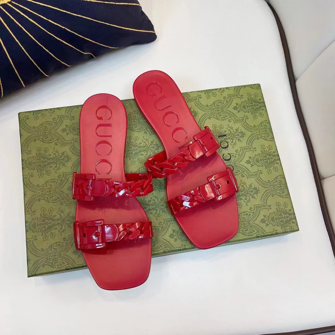 G*u*i women gg rubber slide sandal hibiscus red chain flat 1.5 cm heel
