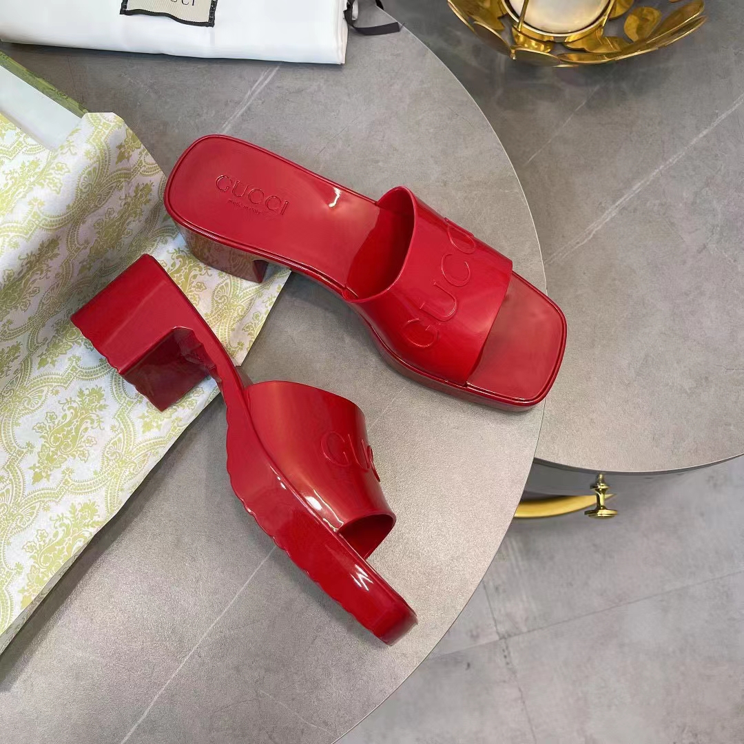 G*u*i women gg rubber slide sandal hibiscus red mid-heel 6 cm heel