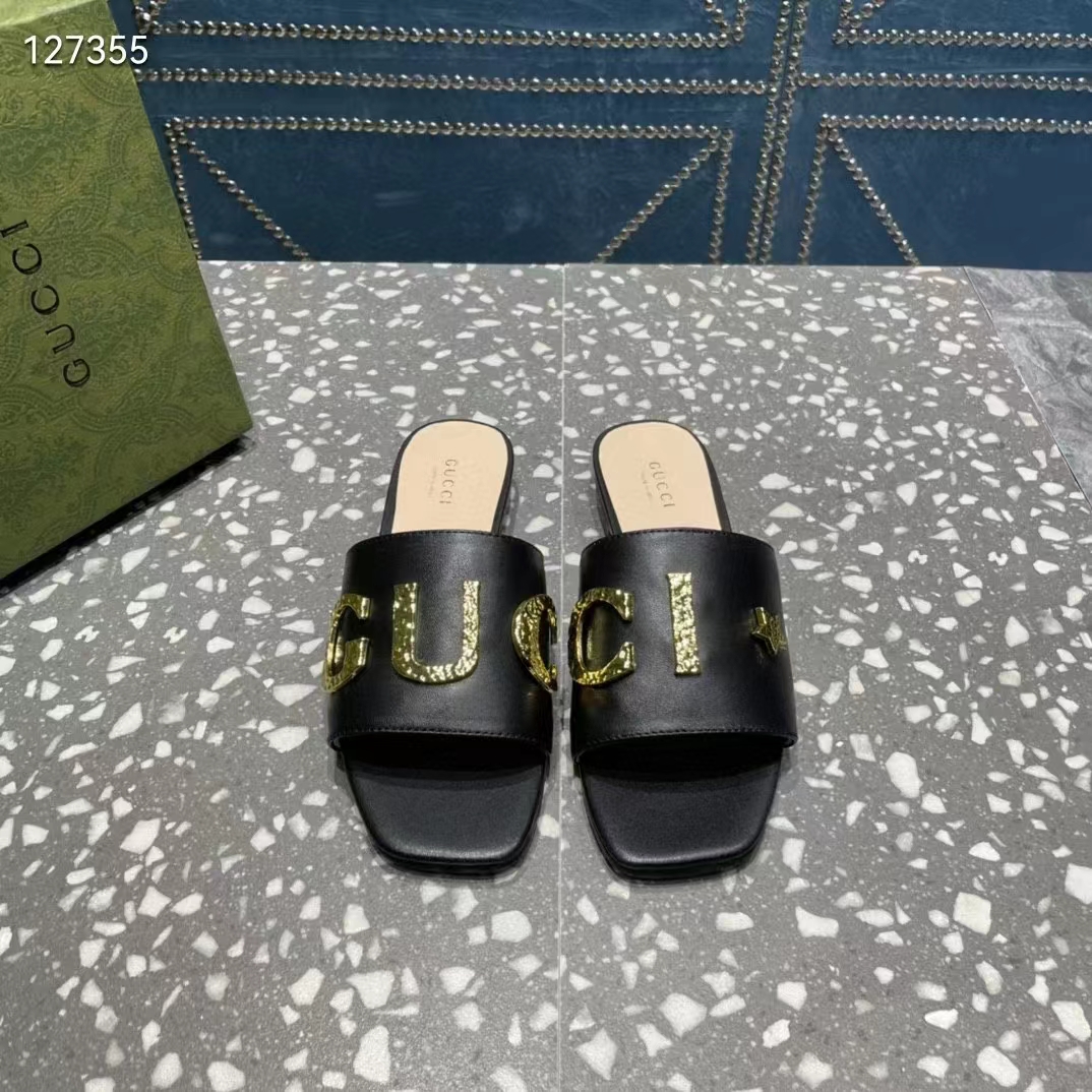 G*u*i women gg slide sandal black leather textured logo star flat 1 cm heel