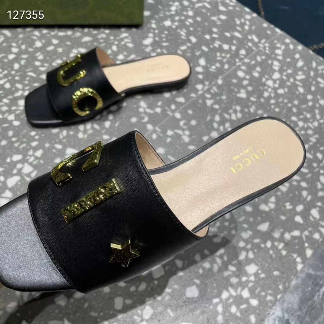 G*u*i women gg slide sandal black leather textured logo star flat 1 cm heel