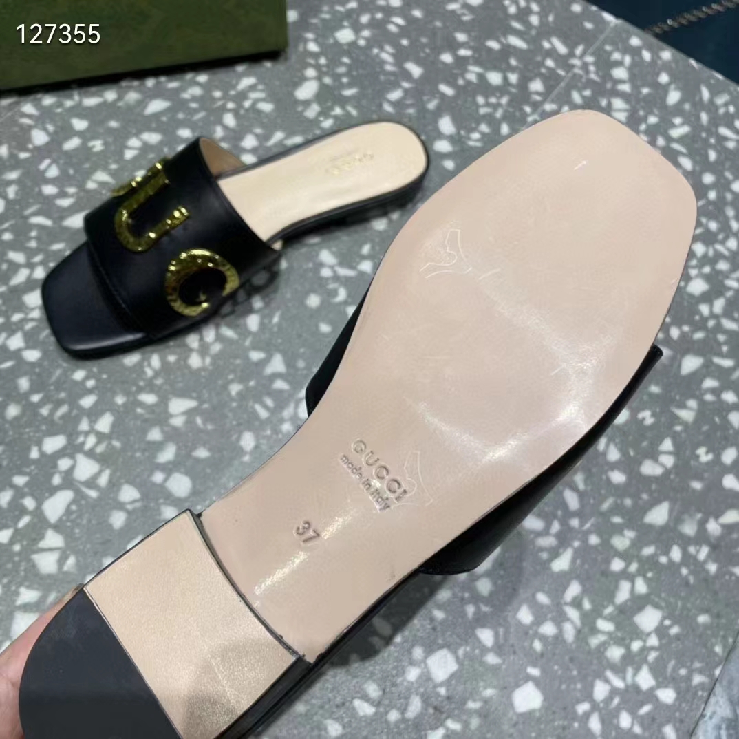 G*u*i women gg slide sandal black leather textured logo star flat 1 cm heel