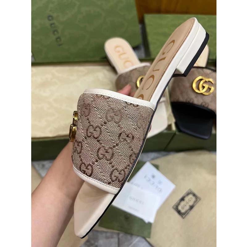 G*u*i women gg slide sandal double g beige ebony orignal gg canvas