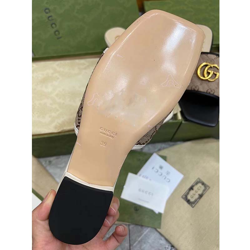 G*u*i women gg slide sandal double g beige ebony orignal gg canvas