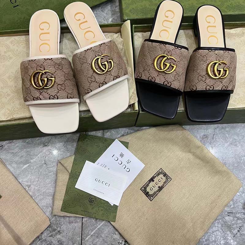 G*u*i women gg slide sandal double g beige ebony orignal gg canvas