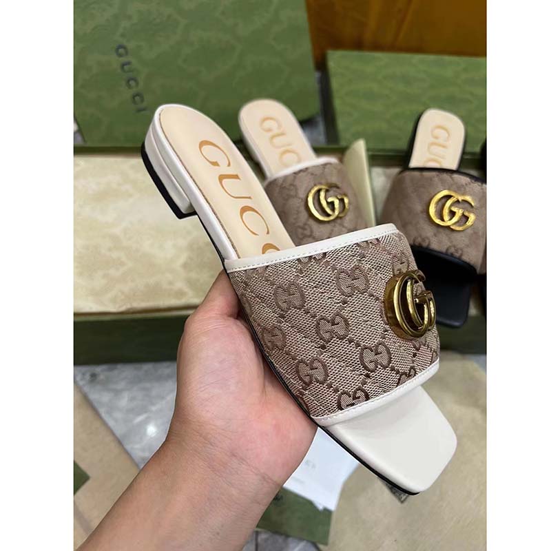 G*u*i women gg slide sandal double g beige ebony orignal gg canvas