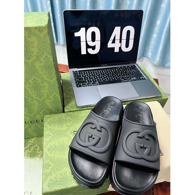 G*u*i women gg slide sandal interlocking g black rubber low heel
