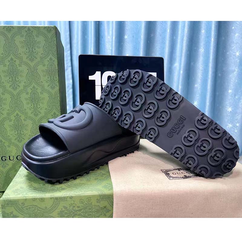G*u*i women gg slide sandal interlocking g black rubber low heel